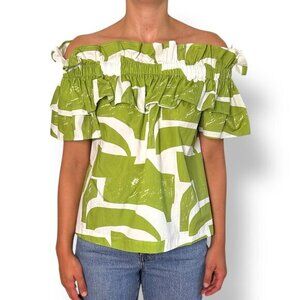 MeimeiJ Abstract Green White Print Top Off Shoulder Ruffle Cotton Sz XS (Ital 38